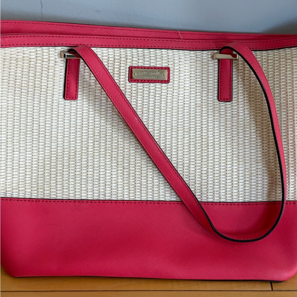 Kate Spade Hot Pink and Cream Woven Tote